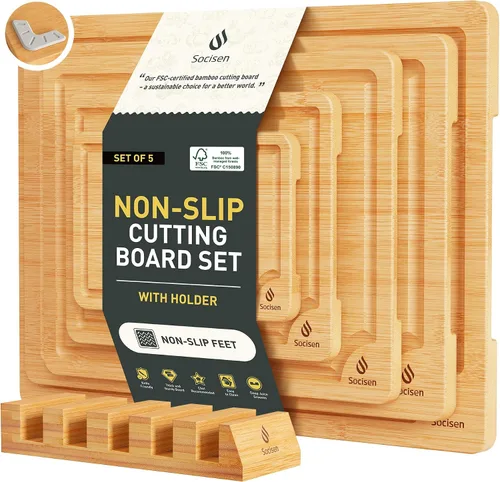 Vista 11 de Tabla de cortar de bambú extra grande con pies antideslizantes y tabla de cortar de madera para cocina con ranura de jugos para carne, verduras