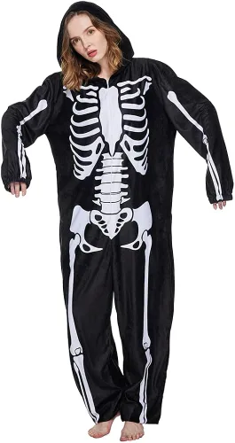 Vista 7 de ReneeCho Pijama de esqueleto con capucha para adultos, hombres y mujeres, disfraz de Halloween, overol de una pieza, color negro, Negro