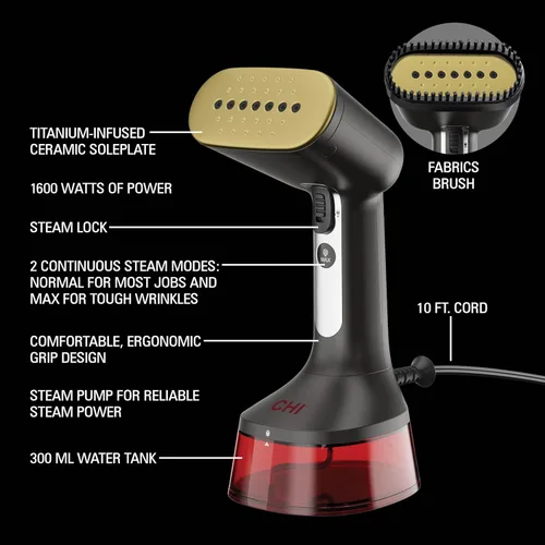 Vista 7 de CHI Vaporizador de mano para ropa, cepillo de tela, tanque de agua grande de 10.1 fl oz, 2 modos de vapor, mango ergonómico, vaporizador portátil
