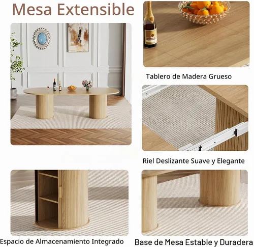 Vista 5 de Mesa de comedor redonda extensible con base de almacenamiento, mesa de comedor expandible natural de 63 a 94 pulgadas para 10 personas, mesa