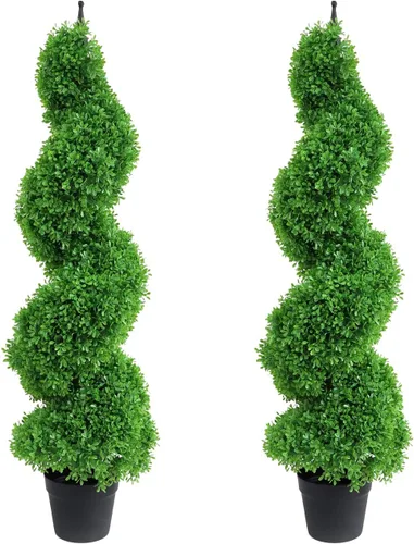 Vista 12 de Damomo Topiarios artificiales para exteriores, árbol topiario de boj en espiral sintético, 3 pies (2 piezas) planta exterior para decoración verde