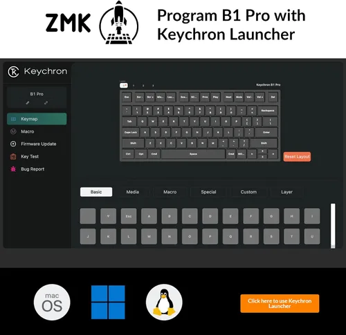 Vista 6 de Keychron B1 Pro Ultra-Slim ZMK/Launcher Teclado Inalámbrico Bluetooth 2.4 GHz/Conexión por Cable para Mac Windows Linux - Gris