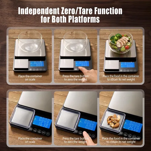 Vista 6 de Báscula de cocina de doble plataforma, báscula digital de alimentos con pantalla doble, dos básculas en una para pesada y precisa, 33 lb/0.01