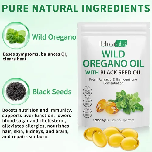 Vista 3 de Cápsulas de aceite de orégano, aceite de orégano 2 en 1 con aceite de semilla negra, cápsulas de suplemento de aceite de orégano, aceite orgánico
