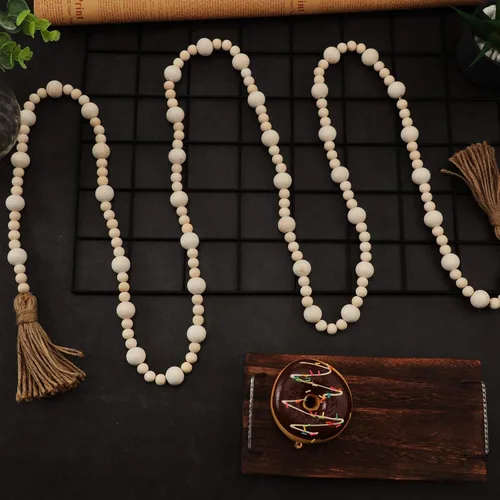 Vista 5 de Jetec - Guirnaldas de cuentas de madera de 7,9 pies con borlas, adornos colgantes navideños de estilo boho, decoración rústica de granja para mesa