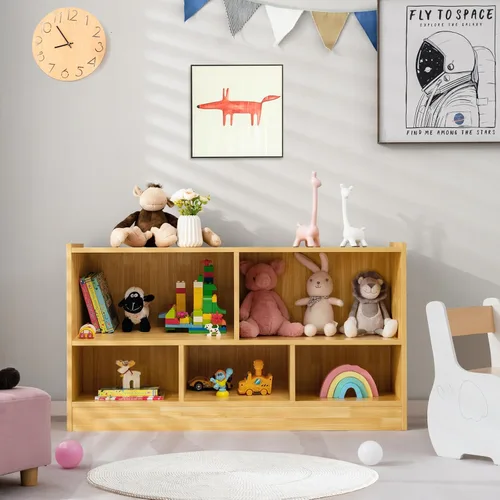 Vista 2 de MEDIMALL Organizador de almacenamiento de juguetes para niños de 5 cubos, estante de almacenamiento de madera de 2 niveles para libros y juguetes