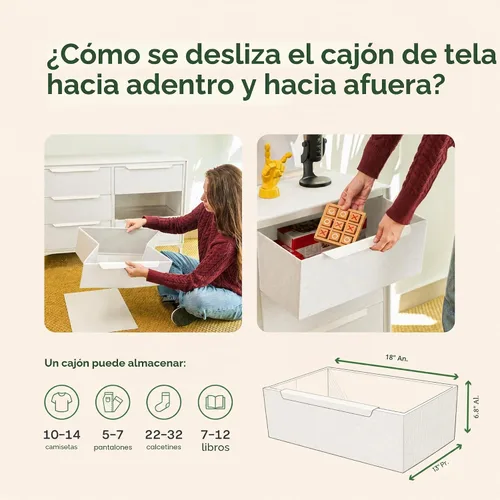Vista 6 de Naima - Cómoda de tela premium - Marco de metal resistente, 5 cajones espaciosos a prueba de hundimiento con elegantes asas de metal - Solución