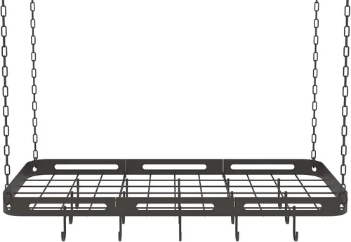 Vista 8 de Estante colgante para ollas y sartenes de 33 pulgadas, soporte de techo negro con 15 ganchos, estante cuadrado de metal resistente para ollas