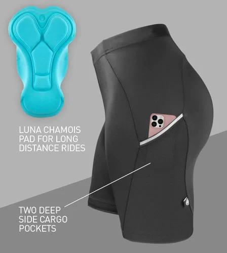 Vista 6 de Aero Tech Luna - Pantalones cortos de ciclismo acolchados para mujer con bolsillo reflectante