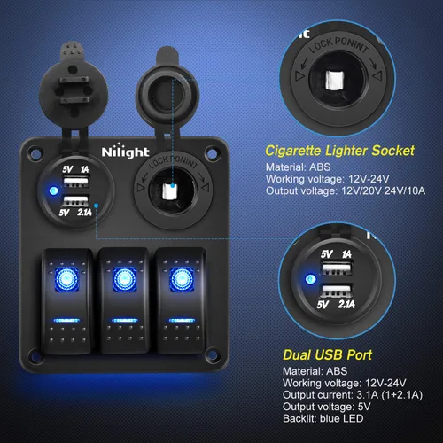 Vista 3 de Nilight - Panel de interruptor basculante de 3 bandas 90115C Panel de interruptores de aluminio precableado impermeable con enchufe de cargador USB