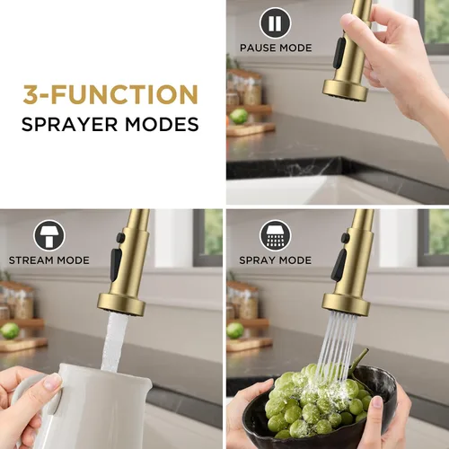Vista 4 de Forious - Grifo dorado para fregadero de cocina, con 3 modos de pulverizador, mango único Oro