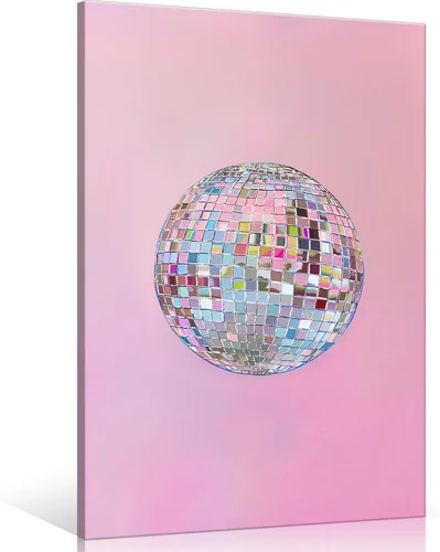Vista 16 de Arte de Pared en Lienzo de Bola de Discoteca Rosa Suave de Moda, Póster con Textura de Bola de Espejo Plateada Funky para Chica, Impresión