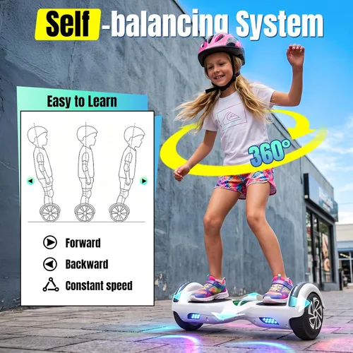 Vista 5 de SISIGAD Scooter de autoequilibrio con Bluetooth y ruedas LED de 6.5", para mayores de 6 años 02-Blanco