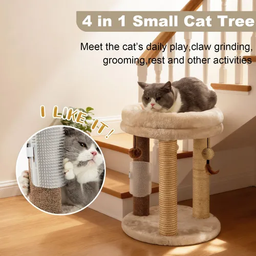 Vista 2 de MECOOL Árbol pequeño para gatos 4en1, poste rascador con torre, cama suave, alfombra de sisal, postes de yute con tres juguetes de bola colgante
