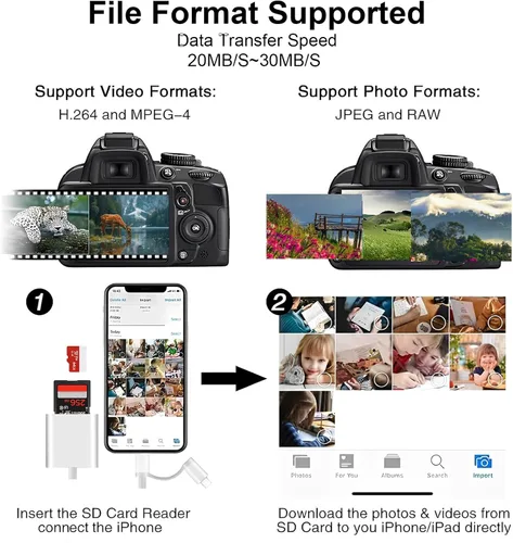 Vista 8 de Lector de tarjetas SD para iPhone, iPad Mac, USB C y Lightning Dual Connector Adaptador de cámara digital para iPhone, adaptador de tarjeta SD