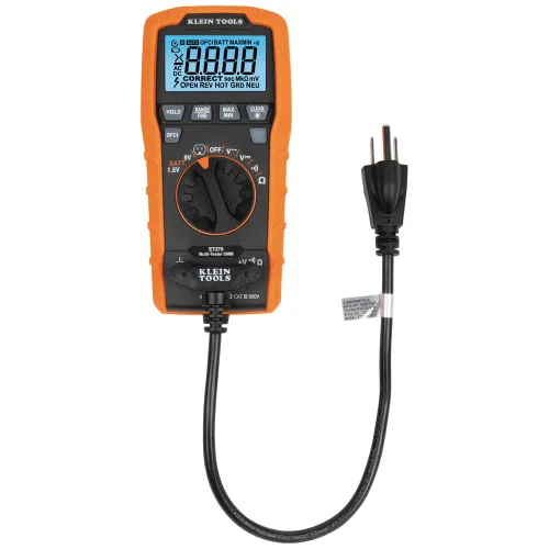Vista 15 de Klein Tools ET270 Multímetro digital de rango automático, CA/CC, resistencia, continuidad, probador de receptáculo GFCI con cables de prueba y cable