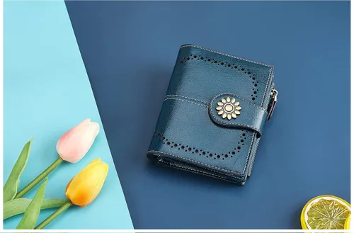 Vista 5 de Lavemi Cartera de cuero para mujer pequeña compacta con bloqueo RFID con bolsillo con cremallera