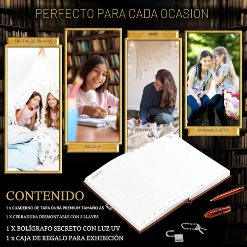 Vista 6 de Diario con candado de Harry Potter con bolígrafo de tinta invisible UV para niños, adolescentes, diario secreto con llave, páginas rayadas