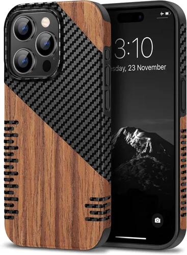 Vista 23 de TENDLIN Compatible con Funda para iPhone 15, Funda de Madera con Textura de Fibra de Carbono, Diseño Híbrido de Cuero Delgado (Negro)