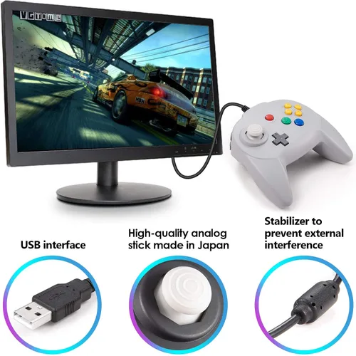 Vista 4 de KIWITATA N64 Mini USB Controller, Retro N64 Wired 64-bit PC Remote Upgraded Joystick Game Pad Controller for Windows PC MAC Linux Raspberry Pi Grey