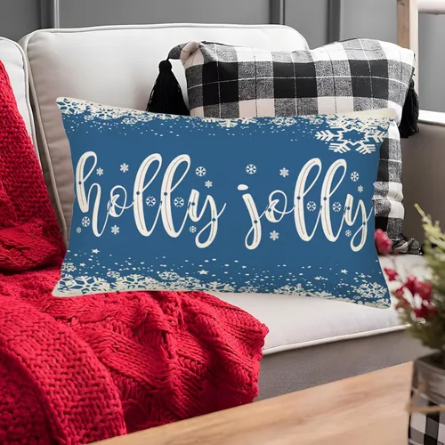 Vista 5 de Holly Jolly - Fundas de almohada navideñas de copos de nieve azul claro, decoración de casa de campo, funda de almohada de 12 x 20 pulgadas, fundas