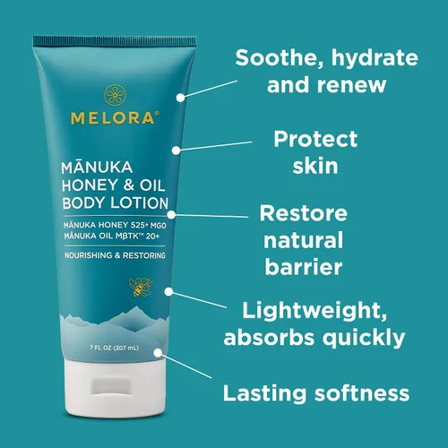 Vista 3 de MELORA Loción corporal de miel de Manuka (7 onzas), loción hidratante con miel de manuka calmante y aceite para pieles secas, muy secas, sensibles