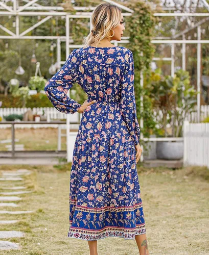 Vista 2 de RVivimos Vestido midi de manga larga de algodón con cuello en V y botones para mujer con estampado floral bohemio