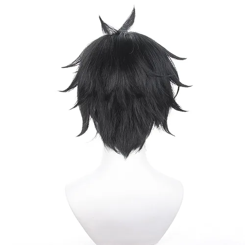 Vista 4 de XiongXiongLe Peluca negra corta y esponjosa para Halloween, disfraz de hombre, pelucas de pelo sintético para adultos, para fiesta