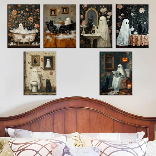 Vista 7 de Póster de Halloween de fantasmas de baño, arte de pared, fantasmas de terror y gato negro en el baño, imágenes retro de terror espeluznante oscuro