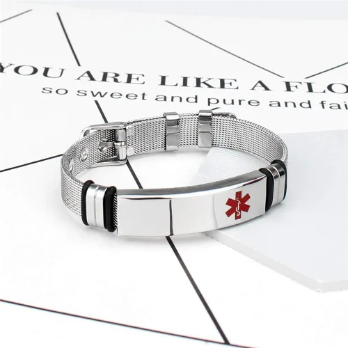 Vista 2 de Juego de pulseras y collares personalizados de alerta médica de acero inoxidable para mujeres y hombres, identificación médica, brazalete y collar