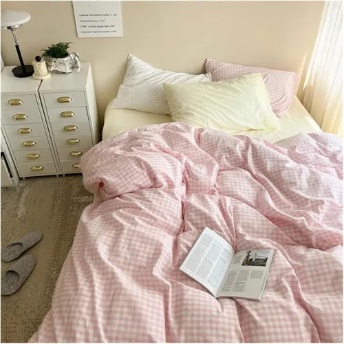 Vista 4 de ADovz Juego de ropa de cama de algodón rosa, tamaño Queen, matrimonial, tamaño doble, sábana bajera ajustable, funda de edredón para el hogar, ropa