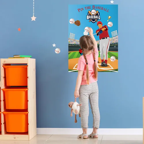 Vista 4 de PLULON Pin The Baseball Party Game para niños Pin The Baseball en el Guante y el Batón Póster grande con pegatinas para decoraciones de pared