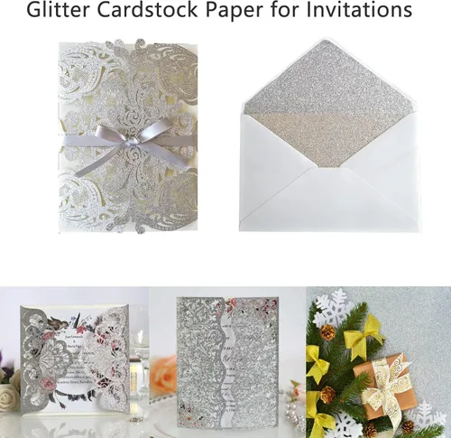 Vista 5 de Acrux7 100 hojas de cartulina plateada con purpurina de 12 x 12 pulgadas, papel de cartulina con purpurina para invitaciones, álbumes de recortes