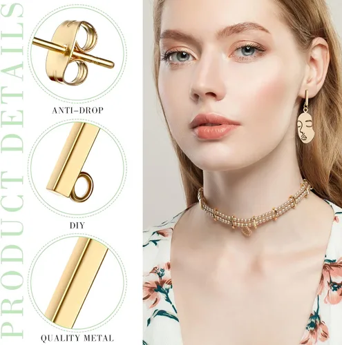 Vista 3 de Hinly 80 aretes de acero inoxidable con bucle, 80 piezas de barra de tuerca de oreja, poste perforado para hacer joyas de bricolaje, 2 tamaños Dorado