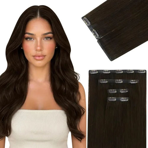 Vista 44 de Ve Sunny Extensiones de cabello clip-in de cabello humano real con reflejos, extensiones de cabello con clip para cabello corto, marrón oscuro