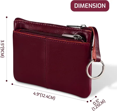 Vista 3 de Monedero de cuero genuino con triple cremallera para tarjetero con llavero, Rojo vino, Monedero