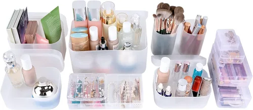 Vista 9 de OCHEAL Juego de estuche organizador de maquillaje: almacenamiento apilable transparente para tocador, soporte de varios tamaños para maquillaje