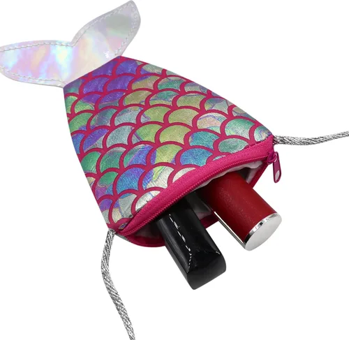Vista 4 de Monedero holográfico brillante con cola de sirena para niñas pequeñas, mini bolso cruzado, cartera para fiesta de cumpleaños, Rosa., Casual