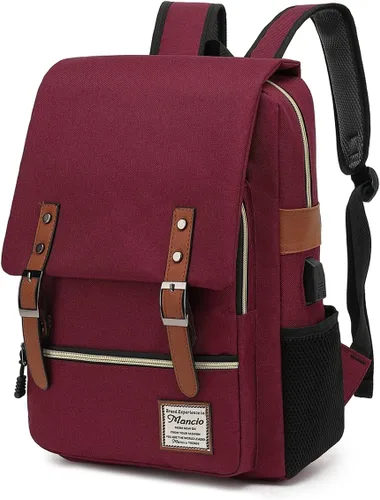 Vista 7 de Mancio Mochila vintage delgada para laptop para mujeres y hombres, bolsa universitaria de negocios resistente a desgarros con puerto de carga USB