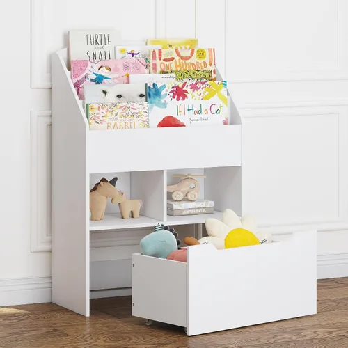 Vista 5 de UTEX Estantería para niños con caja de juguetes móvil, estante para libros y almacenamiento de juguetes, estante de exhibición de libros para niños