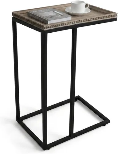 Vista 12 de COZAYH Mesa auxiliar de sofá en forma de C de granja con bandeja tejida de madera rústica y metal y marco de metal, mesa auxiliar para sala de Negro