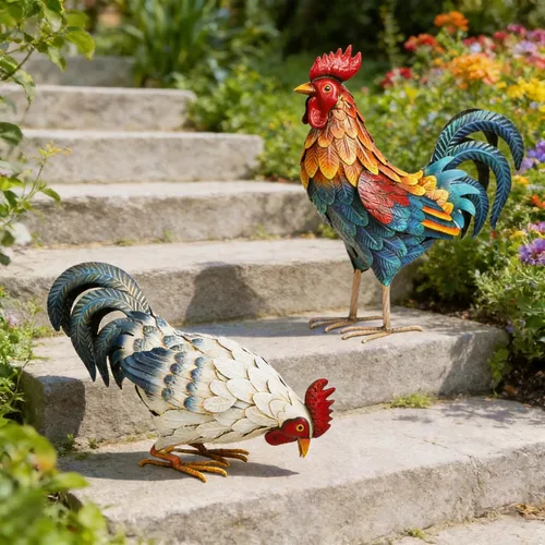 Vista 9 de Shorayn Estatuas de gallo de metal, decoración de pollo de metal para jardín al aire libre, esculturas de jardín, adornos de pollo, arte de patio