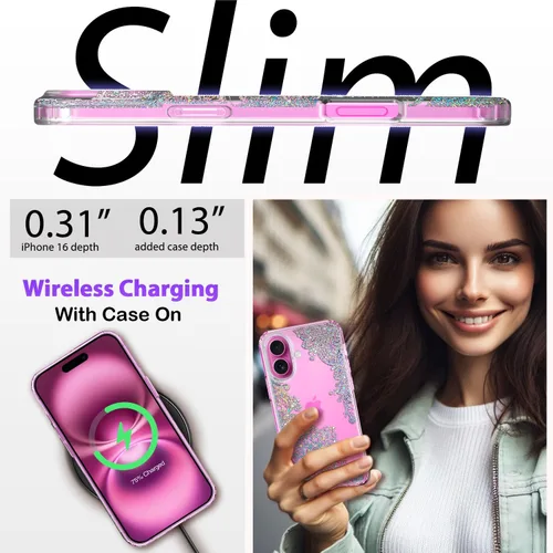 Vista 6 de Funda para iPhone 16, con protector de pantalla, linda para mujeres y niñas, funda protectora de grado militar de 10 pies para iPhone 16, funda