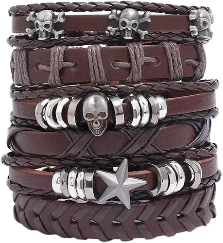 Vista 7 de NIGHTCRUZ 6 pulseras trenzadas de cuero, pulsera de cuero medieval con calavera