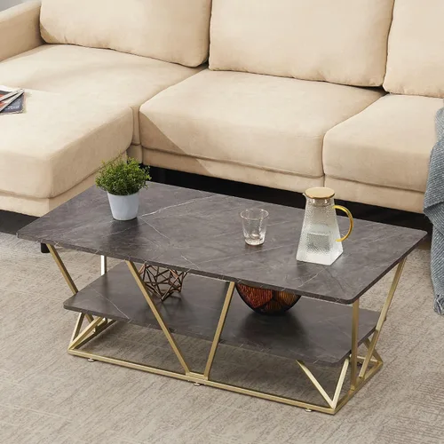 Vista 7 de ivinta Mesa auxiliar con almacenamiento, mesa central rectangular moderna con mármol sintético y marco dorado para espacios pequeños, mesa de sala