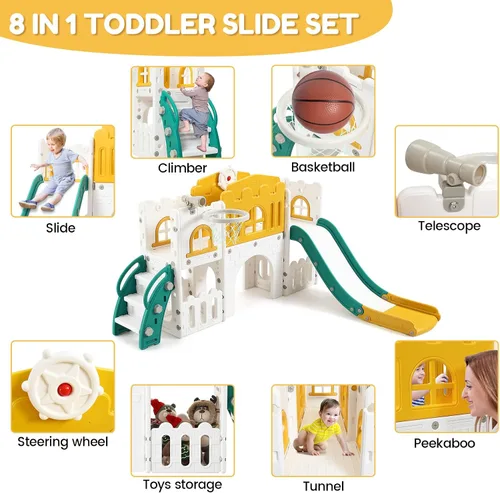 Vista 2 de GarveeLife Zona de juegos interior 8 en 1 para niños pequeños con tobogán juego de tobogán para bebés de 1 a 3 años, tobogán para niños incluye aro