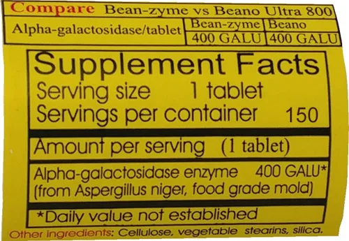 Vista 3 de Bean-Zyme Gas Relief para adultos Extra Strength (150 unidades) es de 400 GAUL por tableta de alfa-galactosidasa, vegano, costo menos, enzima