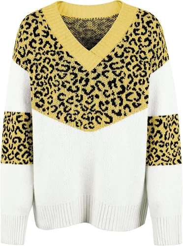 Vista 3 de Suéteres de punto para mujer, de color sólido, con estampado de leopardo, de manga larga, suéter de punto, Amarillo