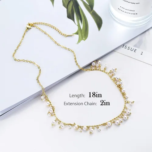 Vista 4 de KesaPlan Juego de collar de perlas, collar de perlas ajustables chapado en oro de 14 quilates y pulsera de perlas y aretes de perlas para mujer