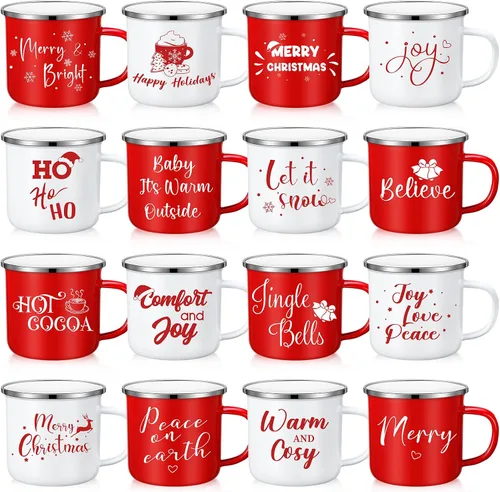 Vista 9 de Zhehao 9 tazas de Navidad de 11 onzas, tazas de chocolate caliente de temporada, lindas tazas de té esmaltadas rojas y blancas para café, cacao